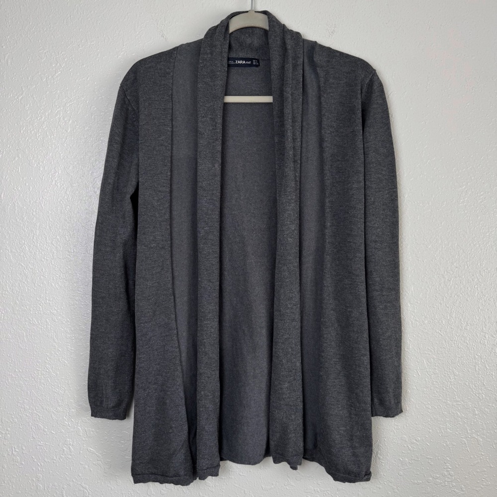 Zara Knit Gray Open Front Shawl Collar Tie Back Cardigan Sweater S